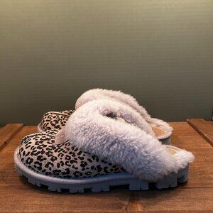 UGG Fluffy Purple Leopard Slip On Shearling Slippers Size 6